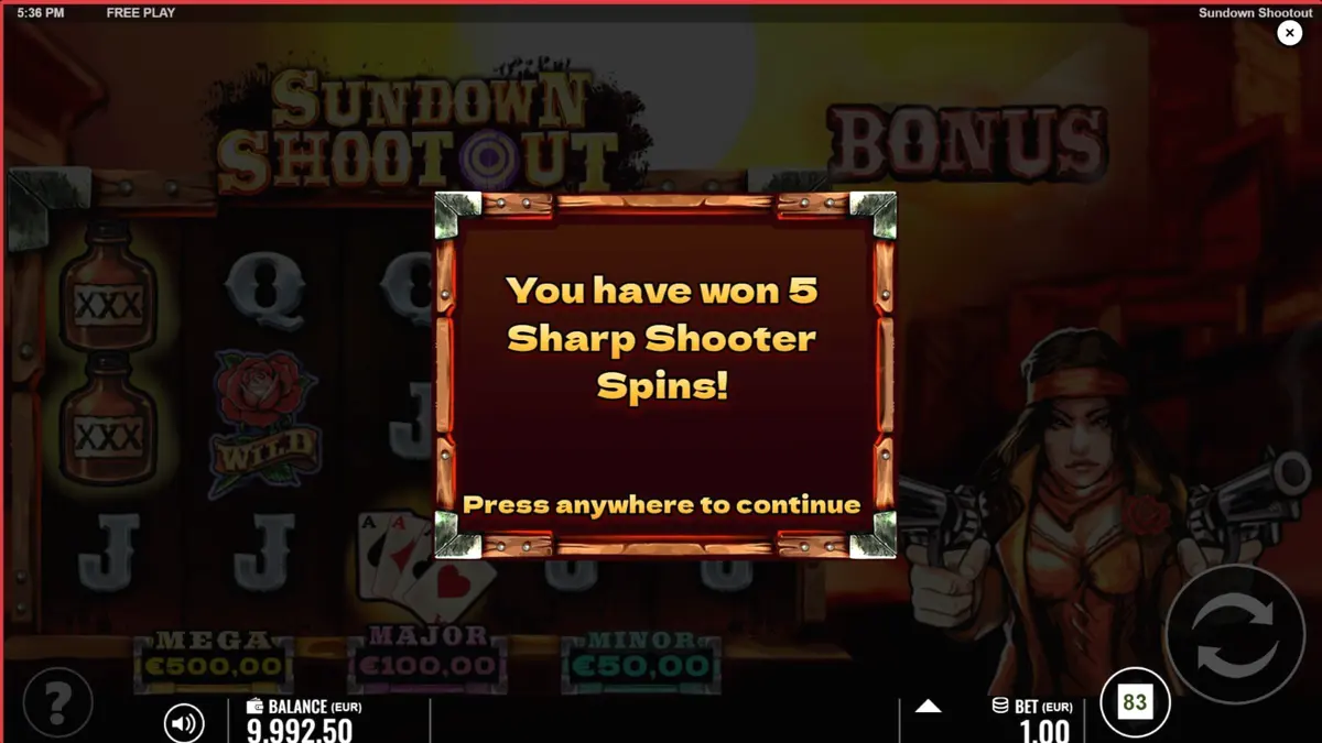 Pemandangan atmosferik Wild West dengan simbol revolver dan target di slot Sundown Shootout